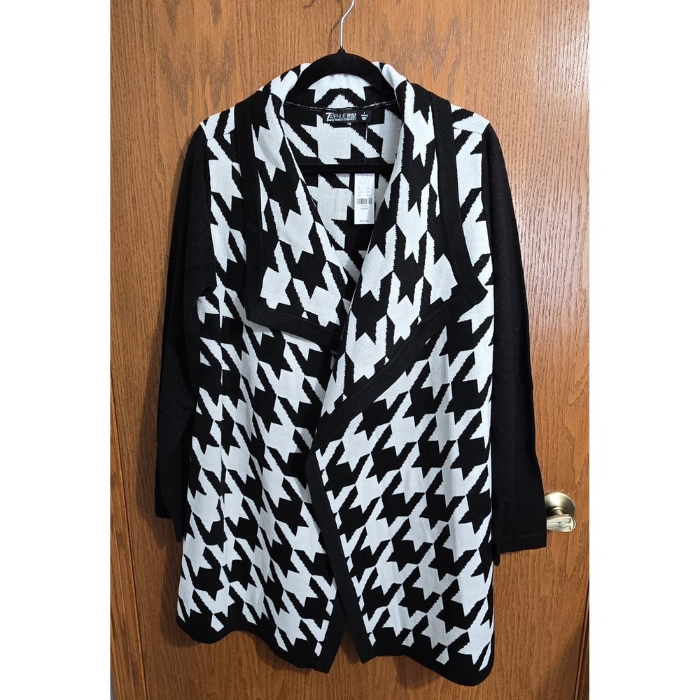Houndstooth Open Front Cardigan 7th Avenue NY&Co Black White Large